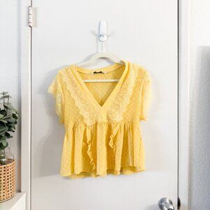 🦋 ZARA Yellow Lace Sheer Polka Dot Top Dotted Mesh Short Sleeve Blouse Ruffle S